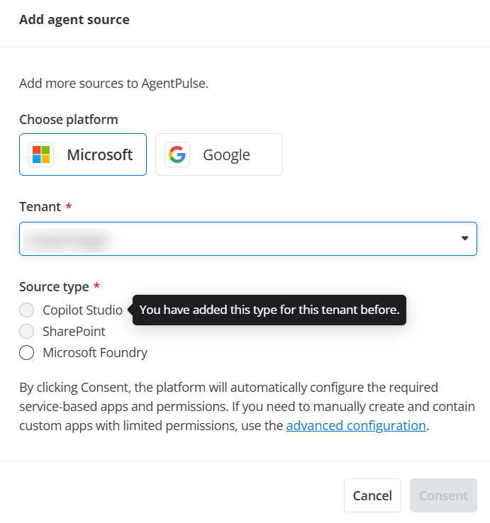 Existing source type cannot be added again.