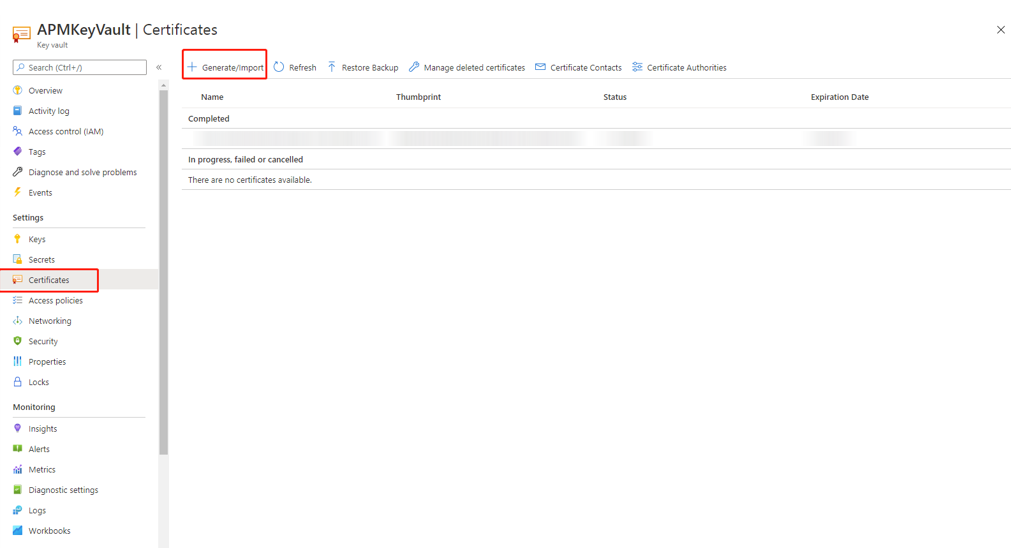 b. Select Certificates > Generate/Import b. Select Certificates > Generate/Import