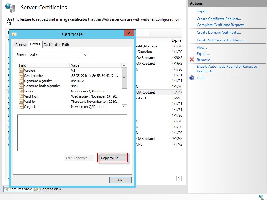 The Certificate Details page The Certificate Details page