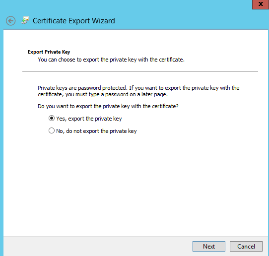 the Certificate Export Wizard window the Certificate Export Wizard window