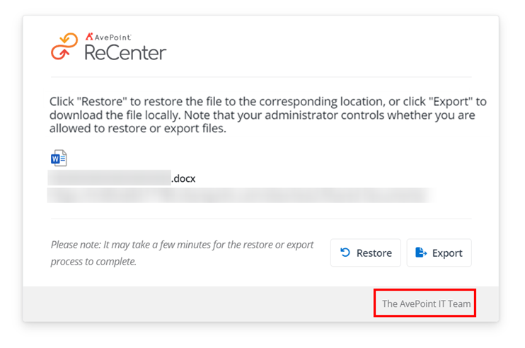 The footer on the page of recovering a file from AvePoint Opus via a stub.
