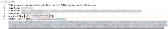 Clicking the restore link to open the page for restoring the file.