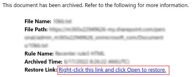Clicking the restore link to open the page for restoring the file.