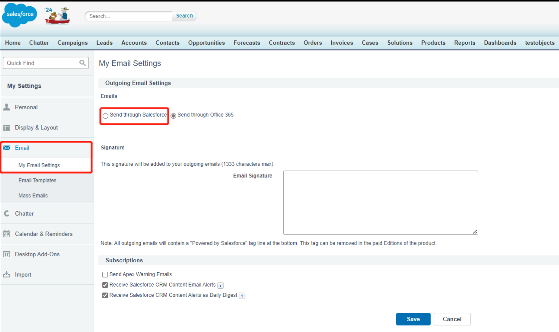 Email > My Email Settings > Send through Salesforce.