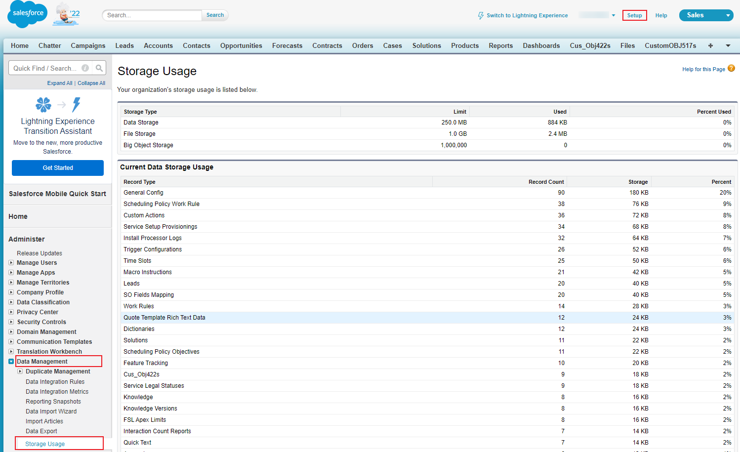 The storage usage page.