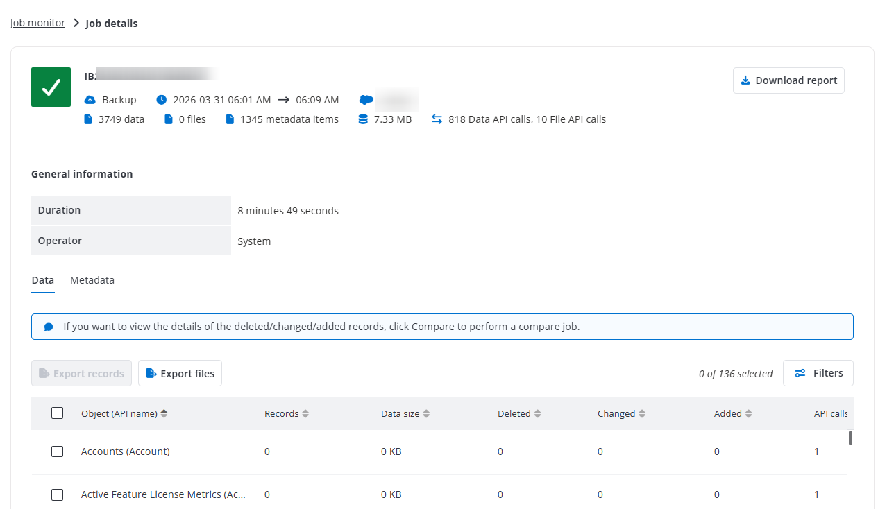The backup job details page.
