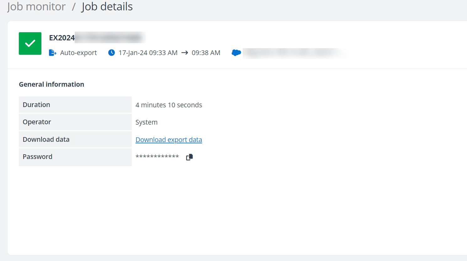 The export job details page.