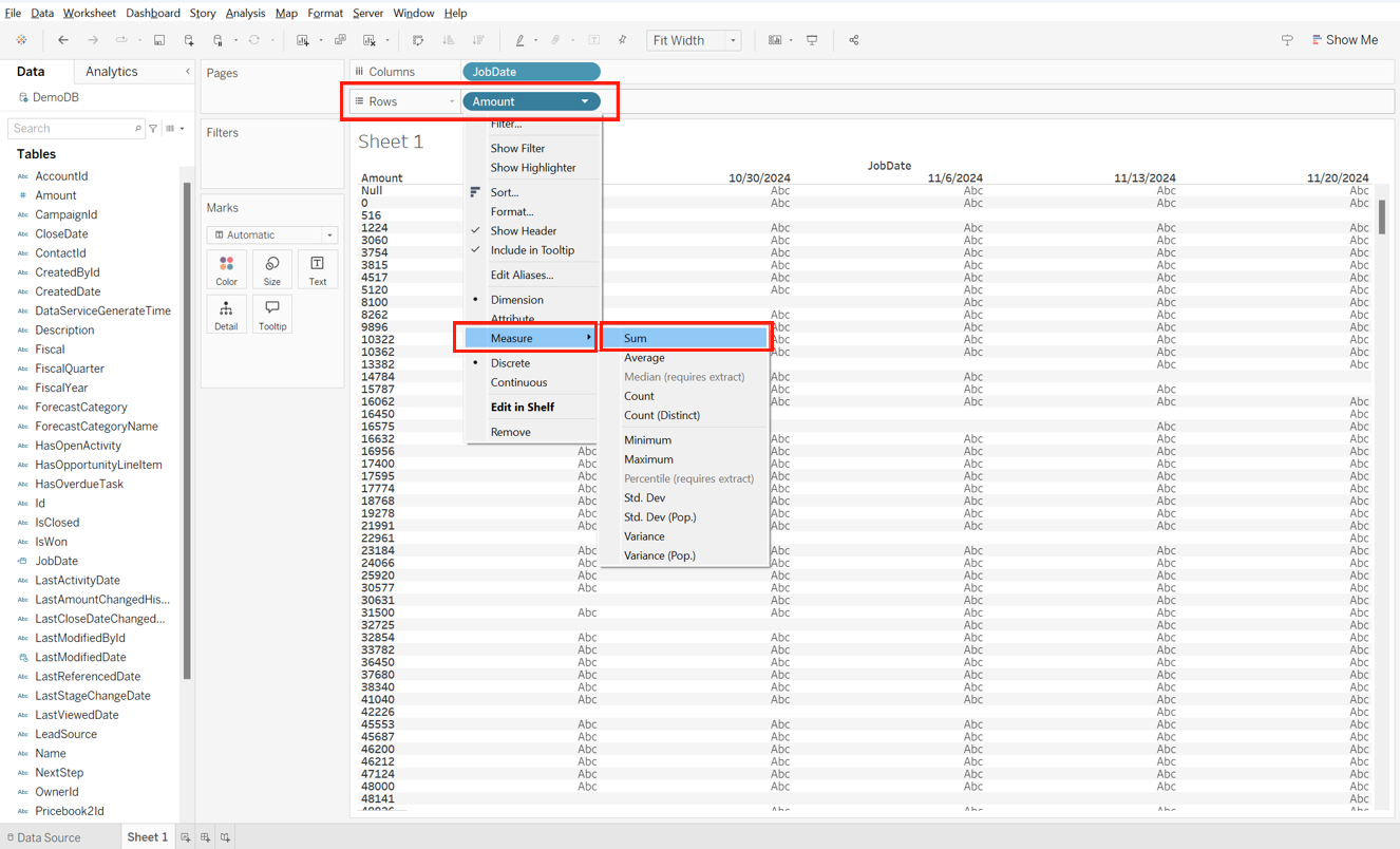 Amount > Measure > Sum.