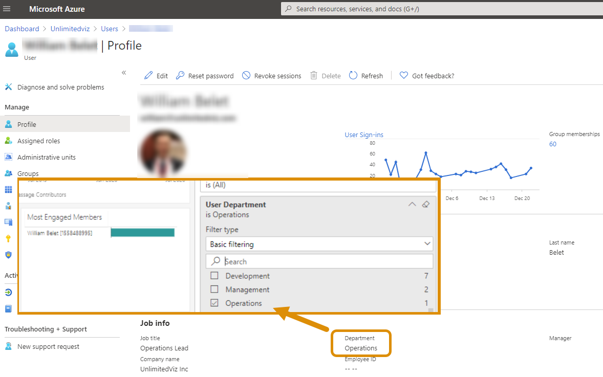Example of Microsoft Azure user profile attributes displayed in tyGraph