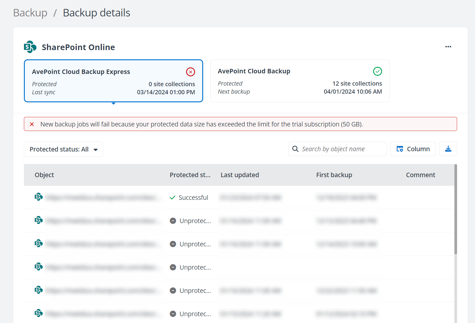 AvePoint Cloud Backup Express のバックアップ詳細ページ AvePoint Cloud Backup Express のバックアップ詳細ページ